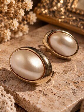 Vintage Richelieu Gold Tone Large Faux Pearl Cabochon Oval Clip-On Earrings